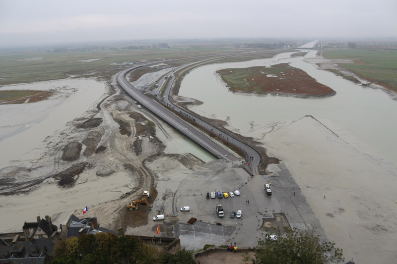 View over the construction in front of Mont Saint-Michel