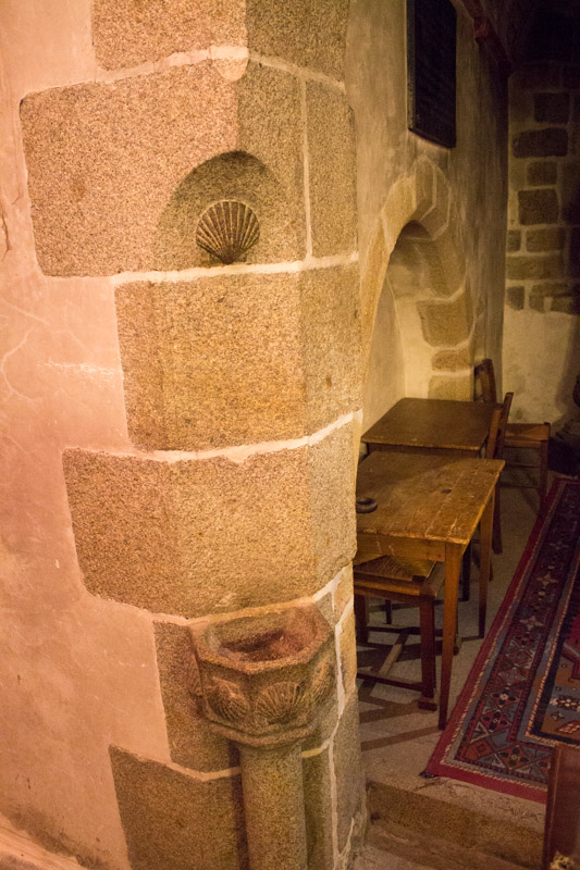 The scallop shell is the traditional emblem of James, son of Zebedee, and is popular with pilgrims on the Way of St James to the apostle's shrine at Santiago de Compostela. It can also be found in the church and reminds that Mont Saint-Michel was an important waypoint for the pilgrimage to Spain.