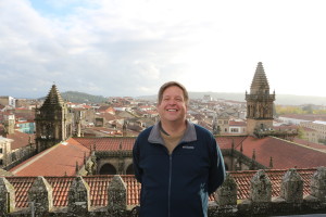 Walking on the granite roof-top of the Cathedral in Santiago de Compostella during a rare moment without rain